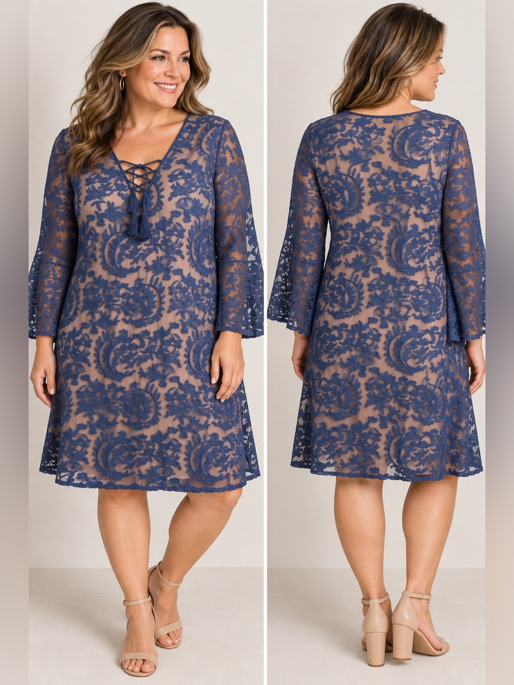 John Mark Navy Embroidered Lace A-Line Dress Bell Sleeve Lace Up
